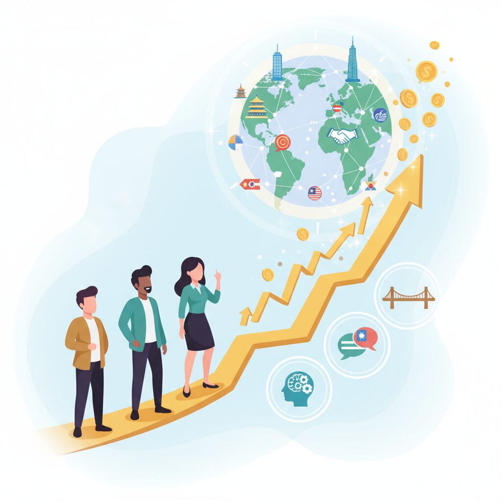 グローバル案件がもたらす年収と市場価値の非線形な上昇 のイメージ