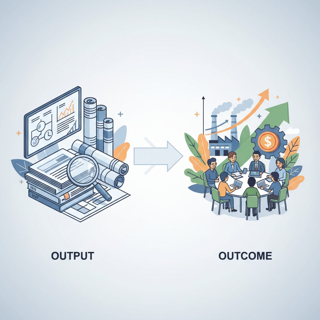 コンサル業界に起きている評価軸の転換：アウトプットからアウトカムへ のイメージ
